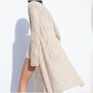 ZARA Cream Long Pointelle Knit Open Face Long Duster Boho Cardigan S